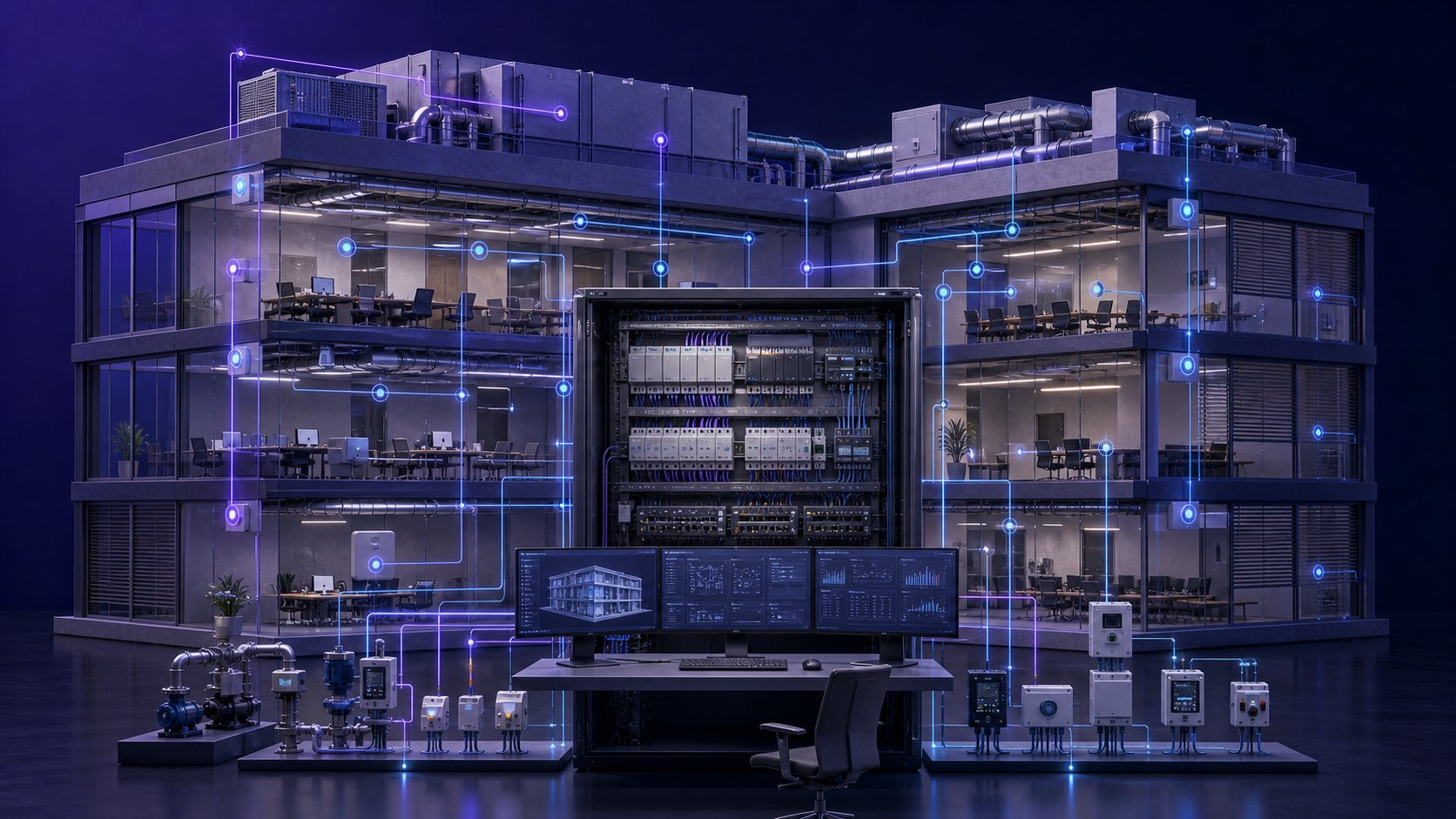 Bâtiment tertiaire connecté à une armoire GTB ouverte avec automates, régulation CVC et poste de supervision multi-écrans.