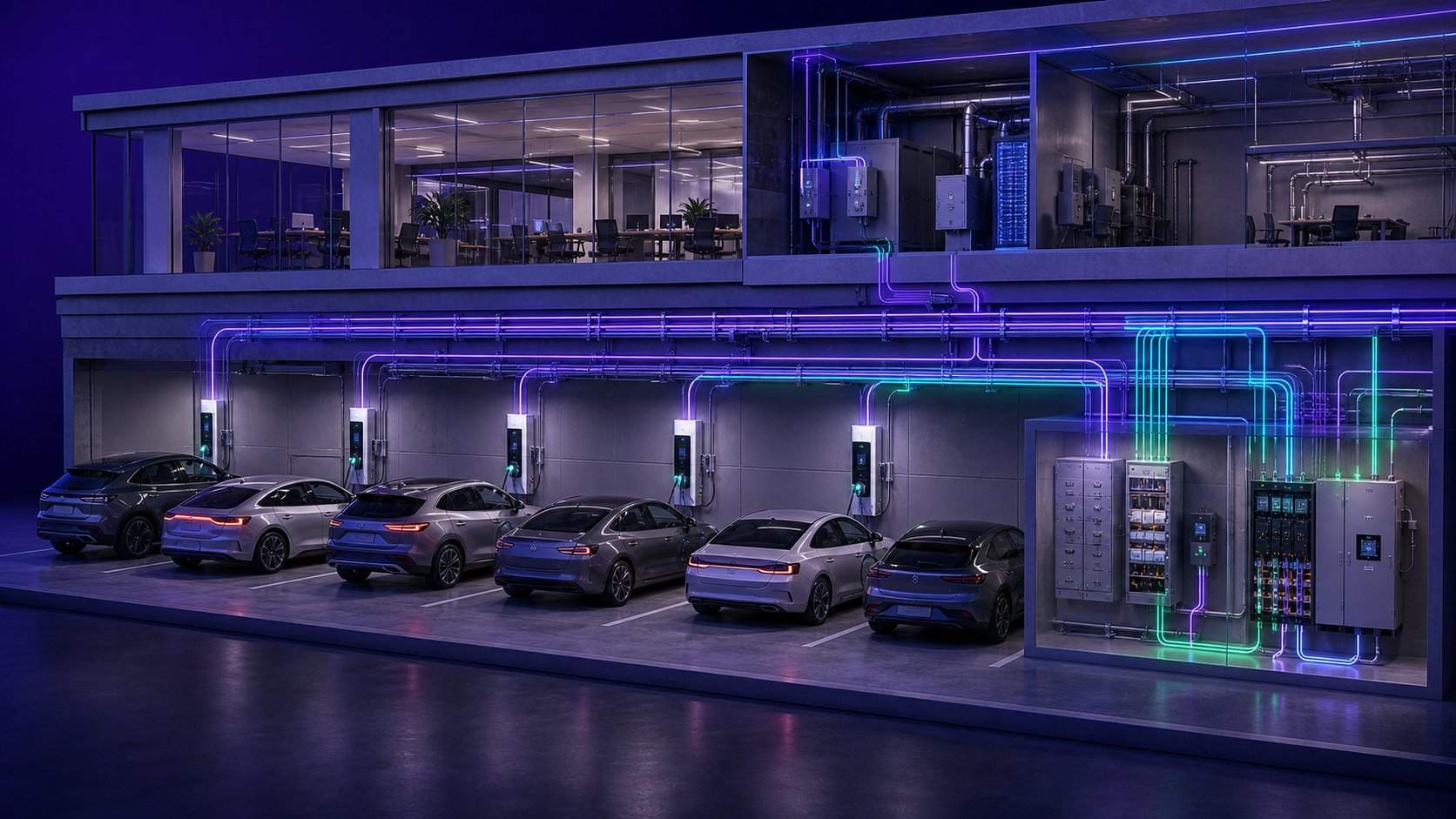 Infrastructure de recharge pour véhicules électriques dans un parking d'entreprise, bornes alimentées depuis le tableau électrique