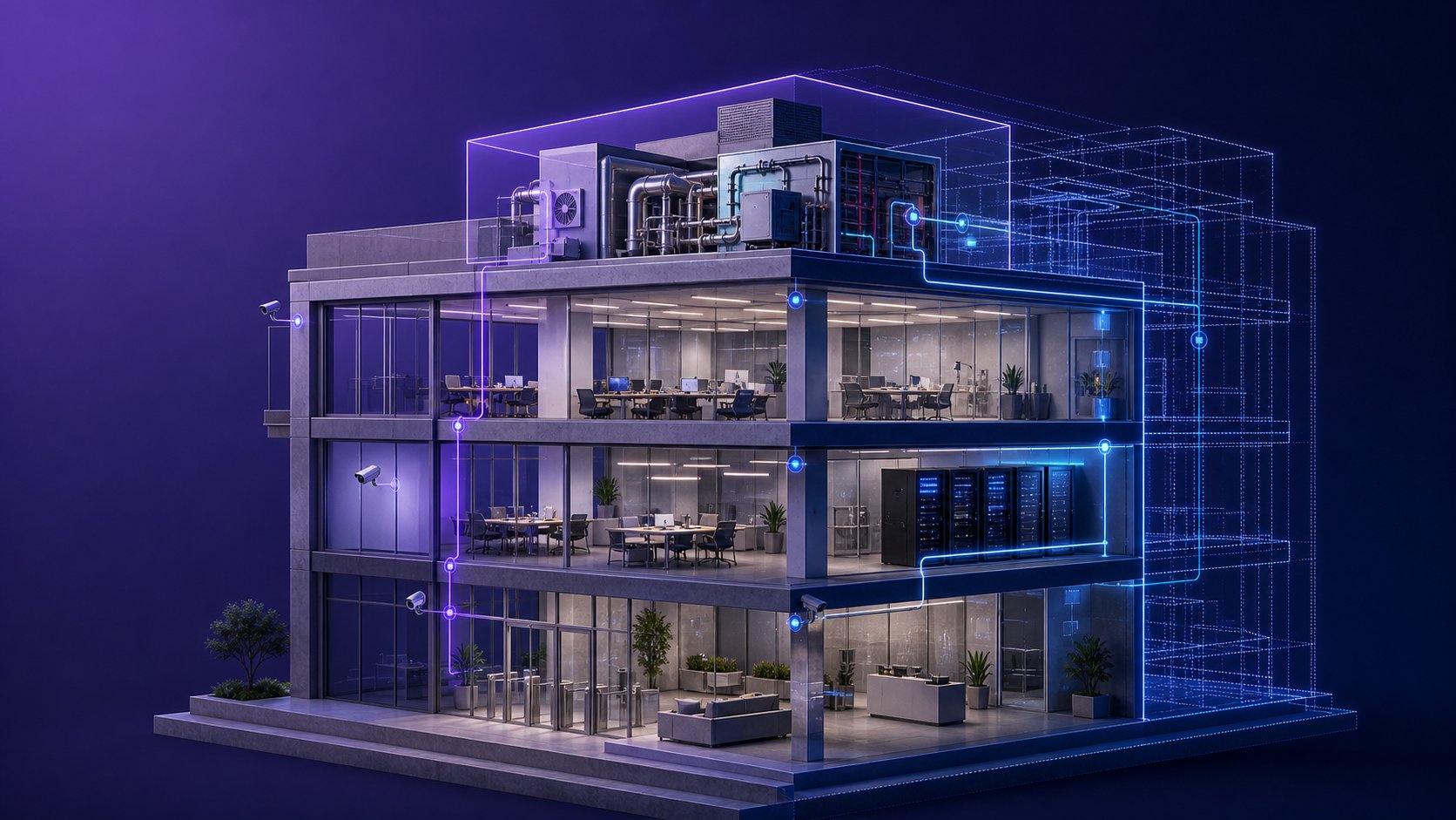 Coupe d'un bâtiment tertiaire smart building : GTB, réseau et vidéoprotection connectés