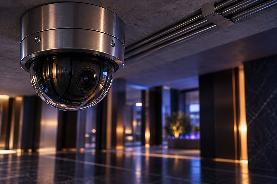 Caméra de vidéoprotection dôme en inox sous un plafond technique