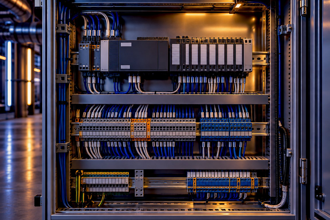 Armoire d’automatisme GTB, automate et borniers repérés