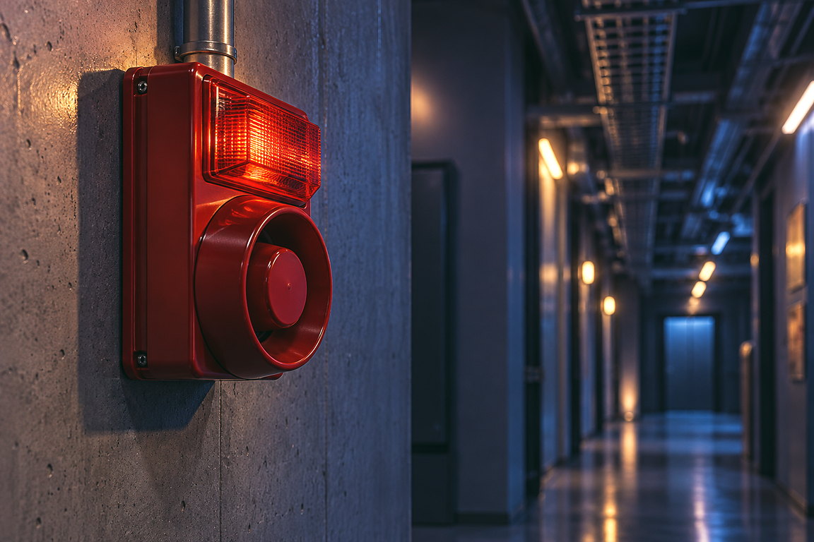 Diffuseur sonore et lumineux de sécurité incendie sur un mur béton