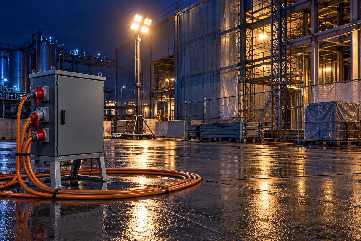 Illustration : coffret électrique de chantier et câbles souples lovés devant un bâtiment industriel en construction, la nuit